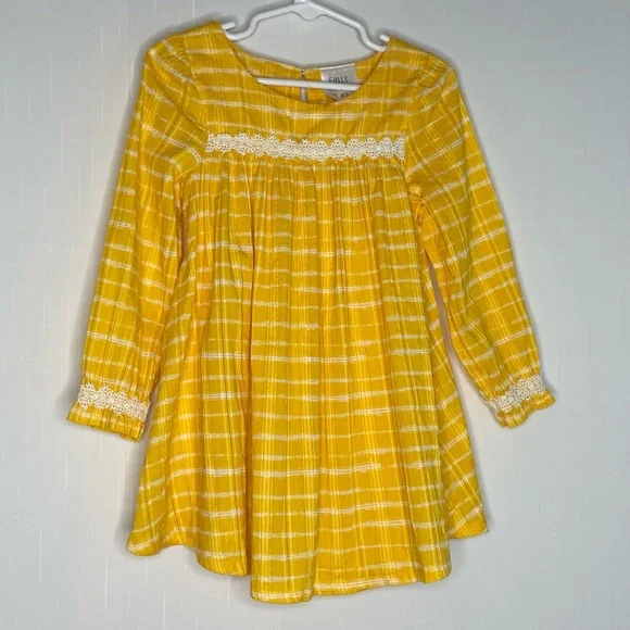 Falls Creek Kids Yellow Plaid Dress White Lace Peasant Cotton Dress size 3T - Picture 1 of 12